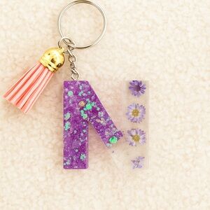 Purple Floral Resin Keychain with Tassel